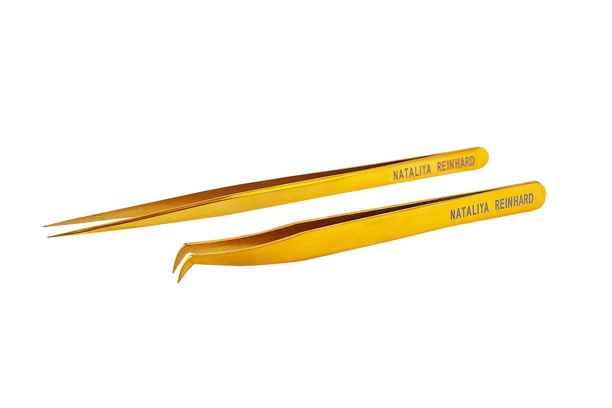 Eyelash extension tweezers set " Mega Z Gold " + " IQ Gold " By Nataliya Reinhard
